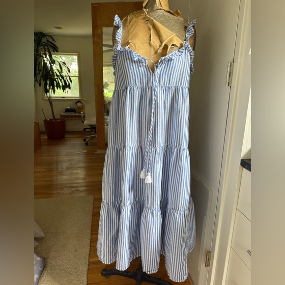 J Crew Cotton-linen tiered blue/white pinstripe Maximize sundress, S, MSRP $118 - Picture 5 of 14